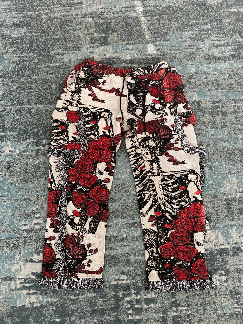 American Stitch Roses & Skeleton tapestry Pants size 32 pockets drawstring waist